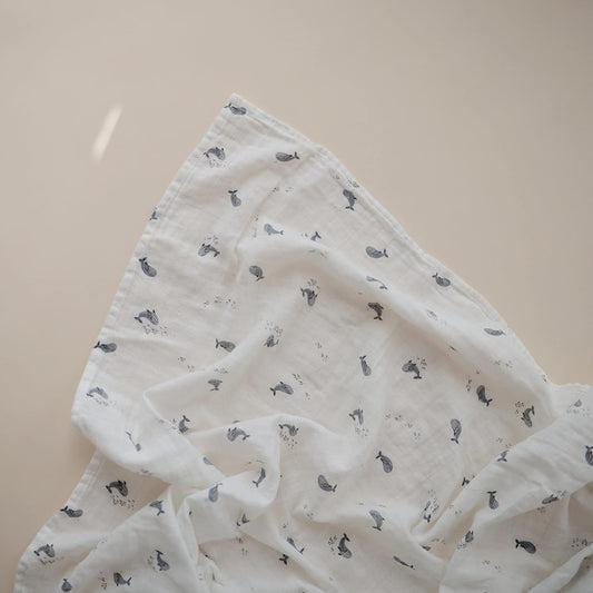 Mushie - 有機純棉包巾 Organic Cotton Muslin Swaddle Blanket (Whales)