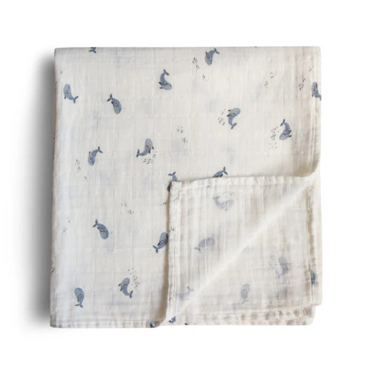 Mushie - 有機純棉包巾 Organic Cotton Muslin Swaddle Blanket (Whales)